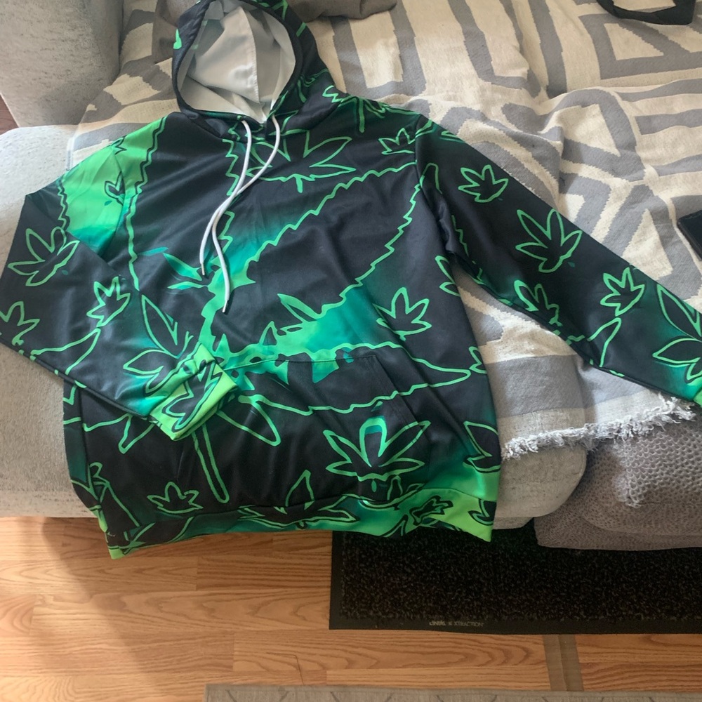 Green and Black Leaf Print Hoodie